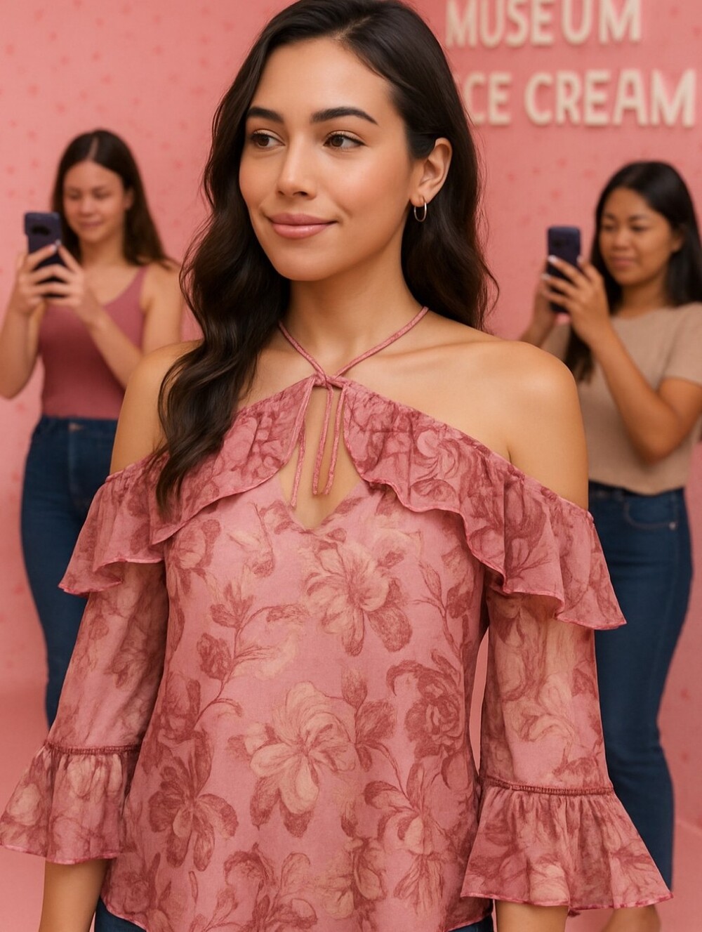 Misa Los Angeles Soraya Pink Floral Ruffle Halter Cold Shoulder Blouse
